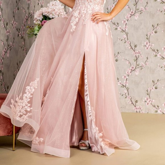 NEW FORMAL SLEEVELESS LACE UP BACK DRESS EMBROIDERED WITH FLORAL LACE GL3328 - Picture 7 of 12